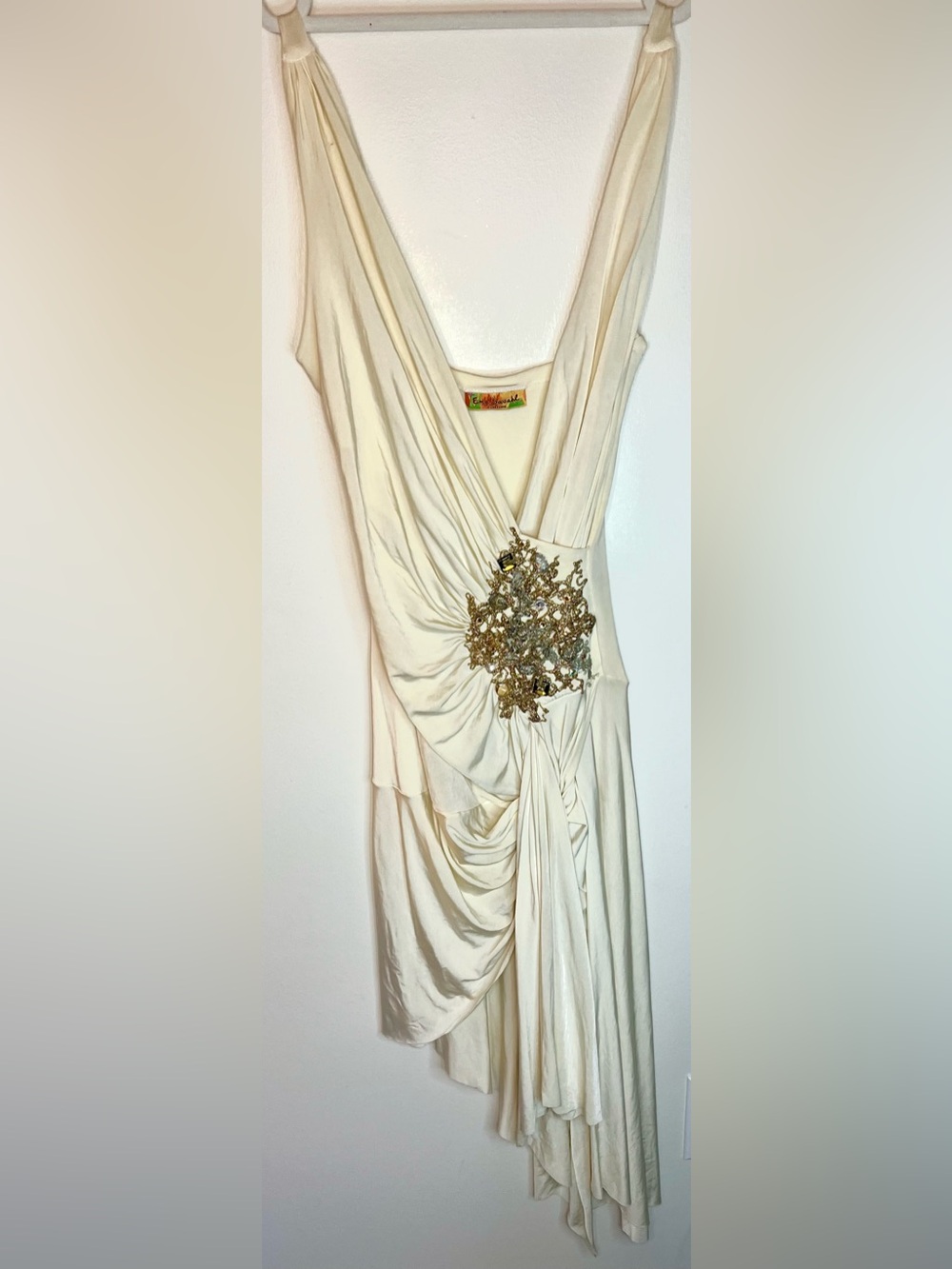 Ema Savahl Couture Ivory Draped Embellished Adjustable Art Dress Rare